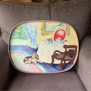 Vintage Folk Art 3D Dog Paper Mache Serving Tray Hand Painted Kitschy Large